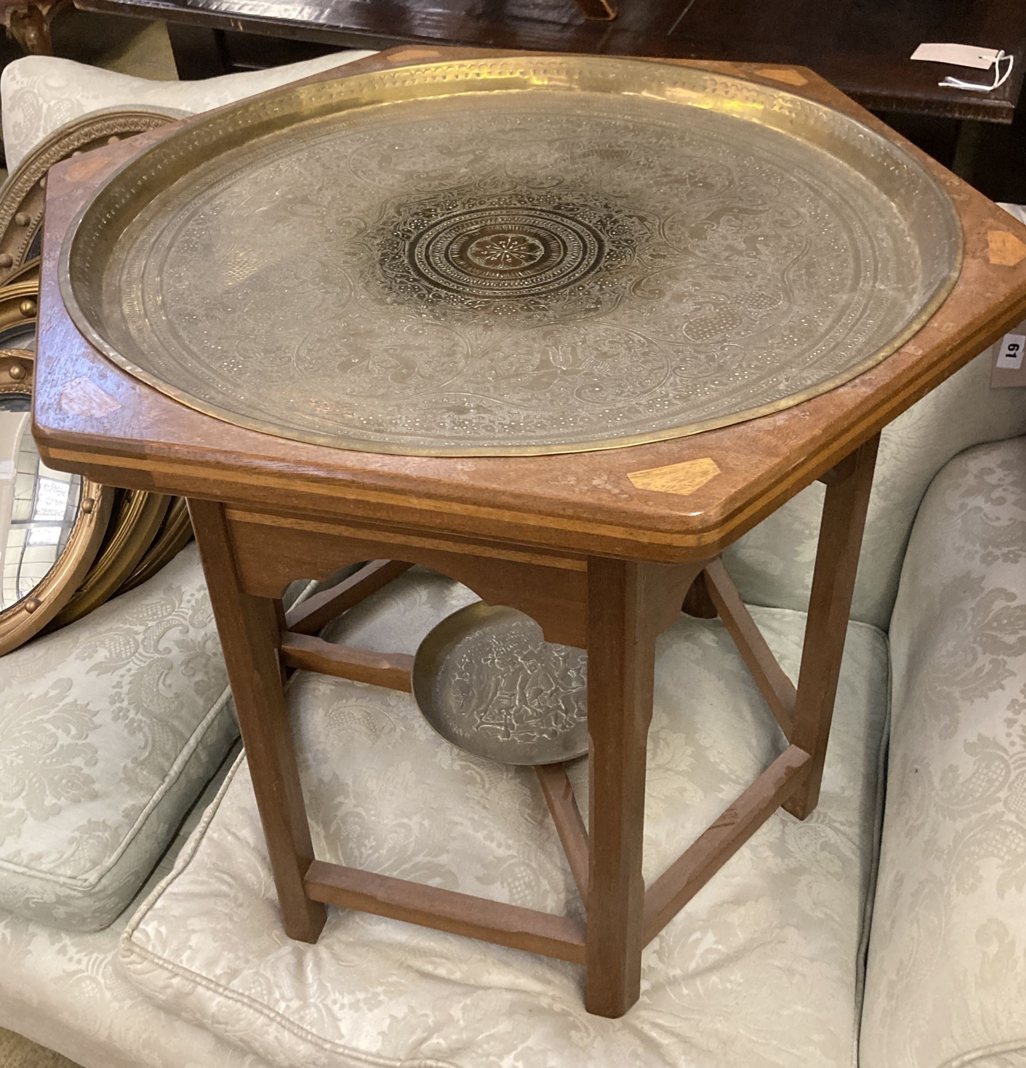 An Indian hexagonal brass tray top occasional table, width 60cm, depth 70cm, height 55cm together with a Victorian aesthetic movement r